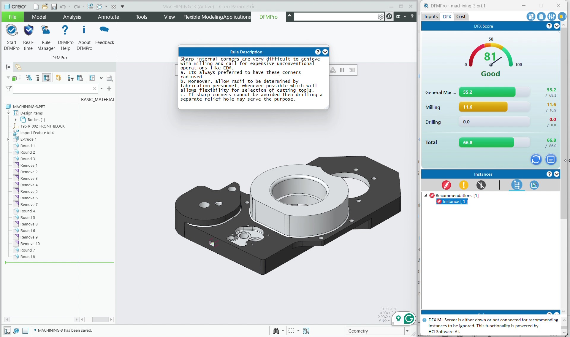 DFMPro Machining Insights DFX Score dashboard inside Creo Parametric